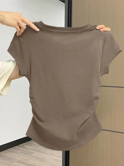 Summer Slim Fit Top for Women Casual Threaded Waist Cinched U-Shaped Hem Short Sleeve Irregular Hemline Women's Clothing