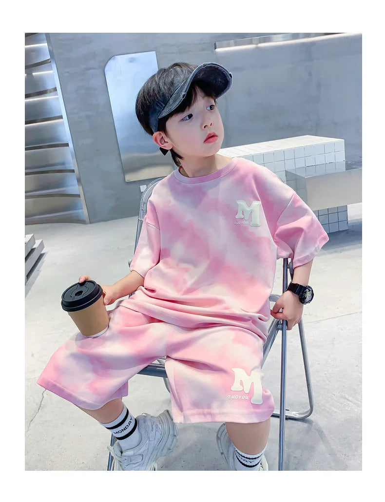 Summer Fashion Boys Cotton Alphabet Tie Dye T-Shirt Tops+Shorts Pant School Kids Tracksuit Child 2PCS Outfit Workout Set 5-16 Yr
