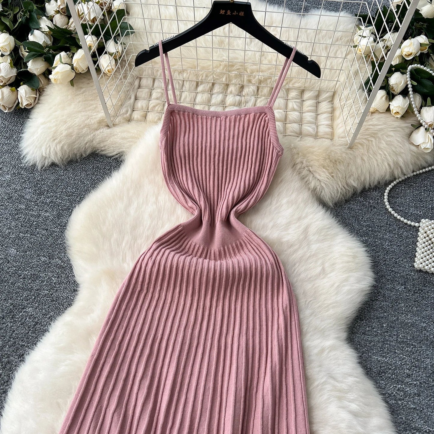 Knitted Pleated Long Dress High Waist Midi Sling Dress Elegant Sleeveless Yellow Dress Women Streetwear Black Bodycon Dress