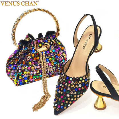 Shoes for Women High Heels 2023 Pointed Luxury Designer Colorful Stones Evening Party Matching Shoes and Bags Sets