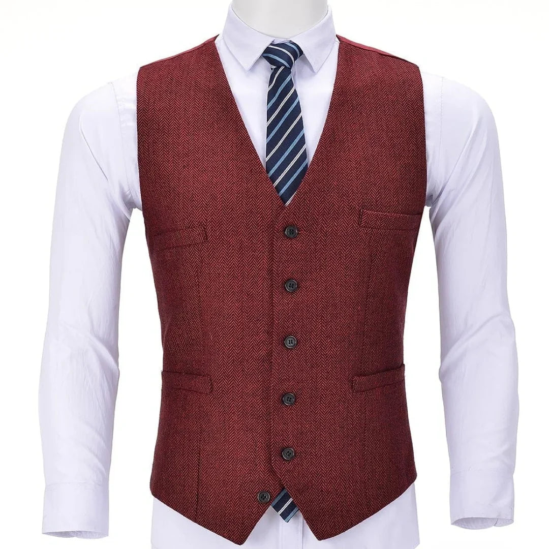Men Vest Red Solid V Neck Herringbone Waistcoat For Wedding Business Birthday Banquet Work Set Men Suit Vest