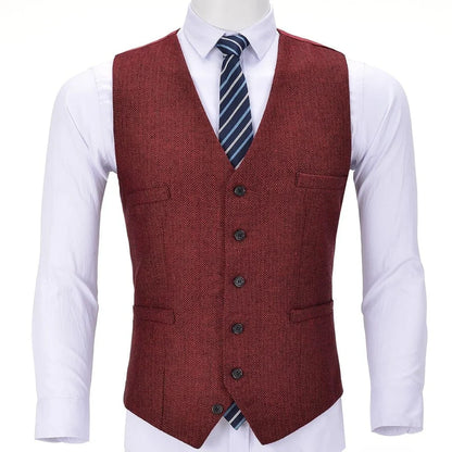 Men Vest Red Solid V Neck Herringbone Waistcoat For Wedding Business Birthday Banquet Work Set Men Suit Vest
