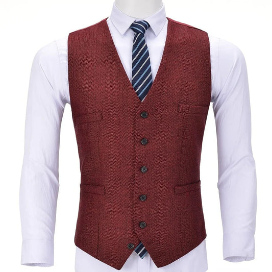 Men Vest Red Solid V Neck Herringbone Waistcoat For Wedding Business Birthday Banquet Work Set Men Suit Vest