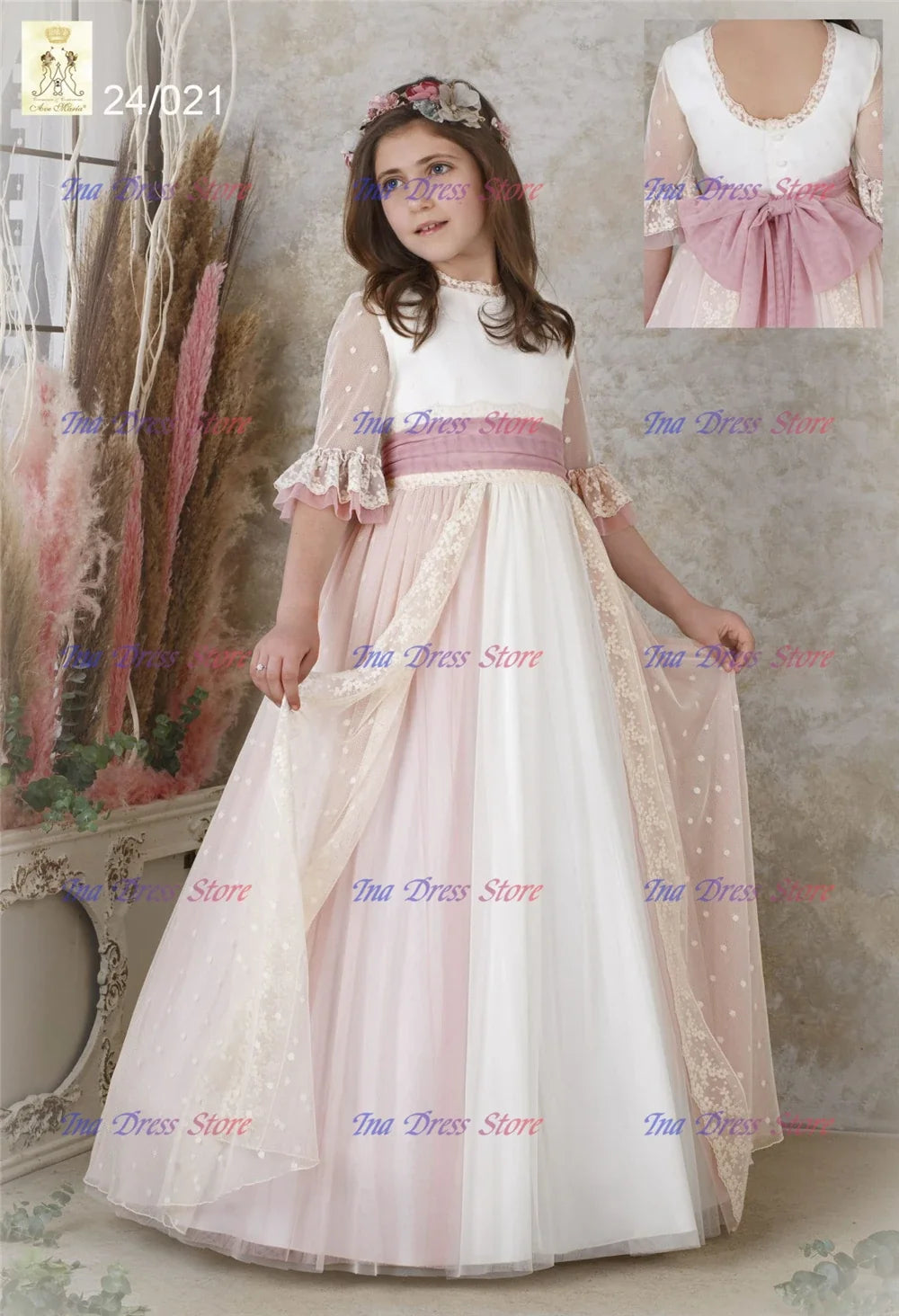 Elegant Long-sleeved Tulle Lace Printing Flower Girl Dress Princess Ball First Communion Dresses Kids Surprise Birthday Present