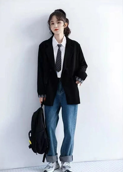Petite Women's Spring Autumn Black Rolled Cuffs Blazer New Arrival Loose Vintage Casual Plaid Korean Style Chic Suit Jacket