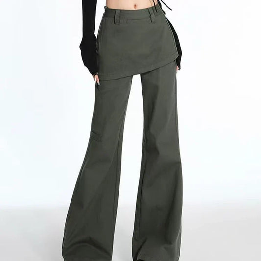 Y2k American Retro Fake Two-Piece Oversize Vintage Jeans Women High-Waist Straight Mini Bell-Bottom Skirt Wide-Leg Denim Pants