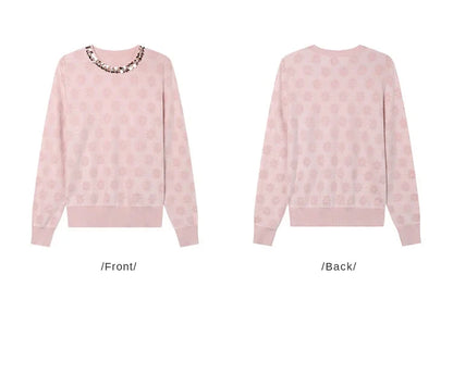 2024 Autumn Elegant Jacquard Fashion Glitter Bead Chain Decoration Round Neck Long Sleeve Women's Knitted Shirt