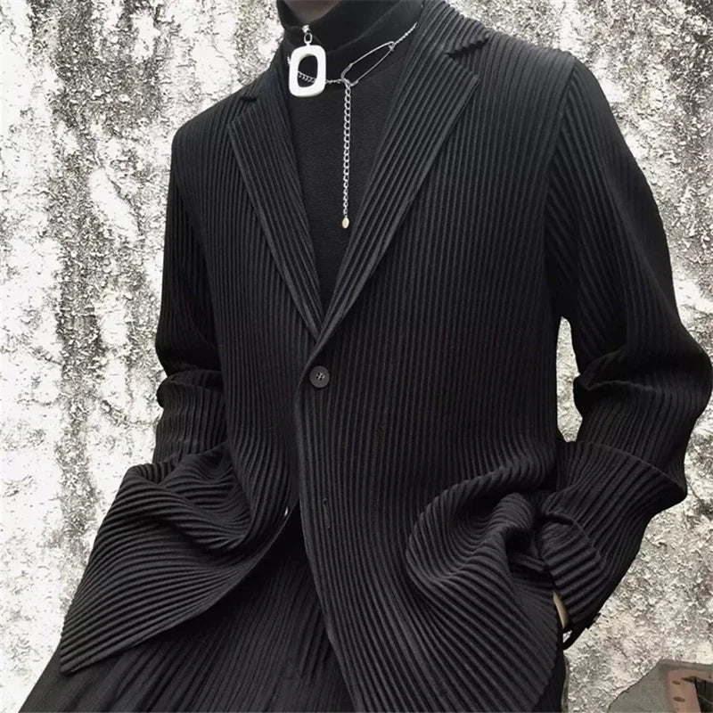 Miyake Pleated Men New Office Black Blazer Luxury High Fashion Suits Partially Lined Autumn Winter Coat
