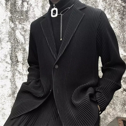 Miyake Pleated Men New Office Black Blazer Luxury High Fashion Suits Partially Lined Autumn Winter Coat