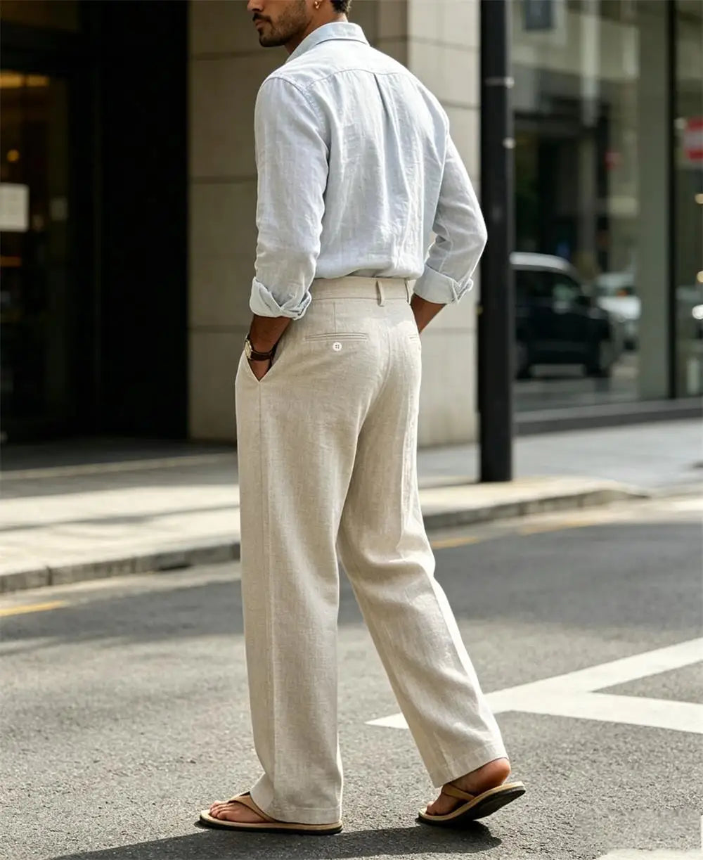 Mens Linen Casual Dress Pants Old Money Pleated Wide Leg Baggy Vintage Relaxed Fit Slacks Work Office Trousers