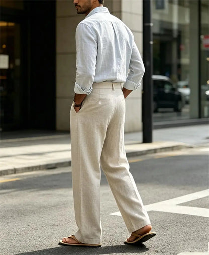 Mens Linen Casual Dress Pants Old Money Pleated Wide Leg Baggy Vintage Relaxed Fit Slacks Work Office Trousers