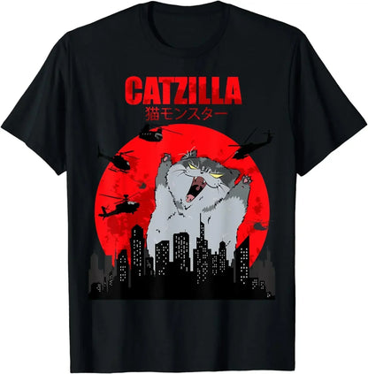 Funny Cute Art Japanese Cat Graphic for Cat Lover Catzilla Tshirts O-neck Women Clothing Streetwear Short Sleeve T Shirt Clothes