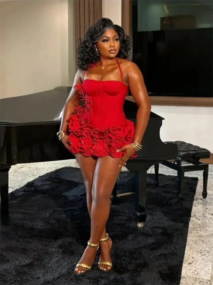 Red Birthday Dresses Baddie Black Girl Halter Neck Mini Prom Dresses Sweertheart Ruffles Wedding Party Dress Customized
