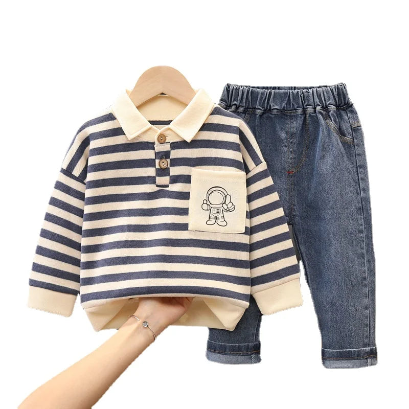 New Spring Autumn Kids Boys Clothes Strips Hoodies Jeans 2Pcs/Set Outfit Infant Kids Sport Casual Clothing Tracksuits 0-5 Years