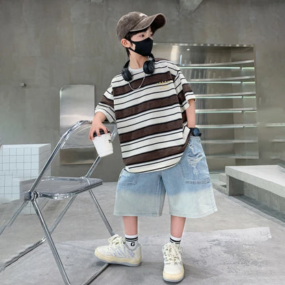 Luxury Summer Suit for Boy Short Sleeve Striped T-shirt + Denim Shorts 2 Pieces Clothing Set Kids Children Cotton Top Bottom Set