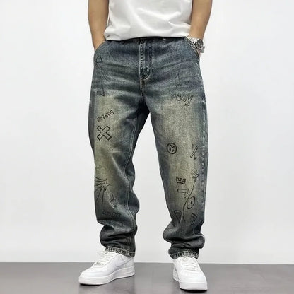 Korean Retro Ripped Jeans Embroidered Slim Fit Men'S Straight Leg Pants Graffiti Jeans Fashion Casual Pants