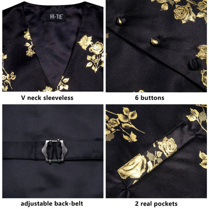 Luxury Gold Black Mens Vests Print Jacquard Waistcoat Tie Hanky Cufflinks Brooch Set for Men Wedding Formal Business Hi-Tie