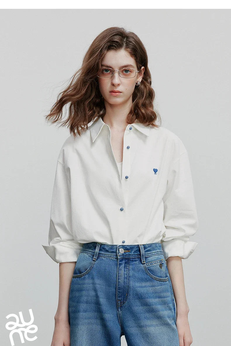 Women Blouse Shirt 2025 Spring New Love Embroidered Simple and Versatile Solid Color Pure Cotton Shirt Tops