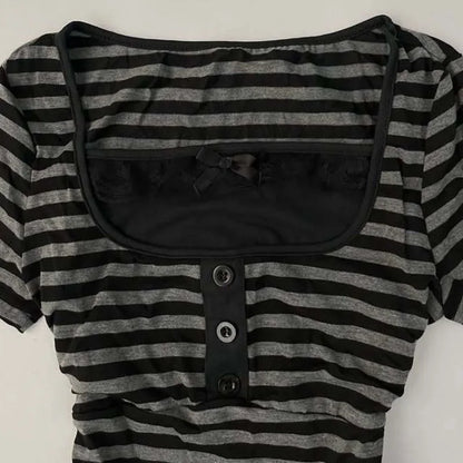 Gothic Harajuku Y2K Women's Crop Top Casual Slim Fit Striped Lace Bow Button Design Short Sleeve T-Shirt Chic Trendy Streetwear