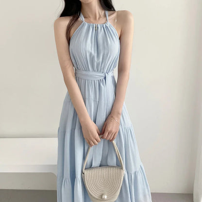 Korean Style Summer Slimming Necktie Waist Cinched Sleeveless Vest Long Dress Women's Fashionable Commute Style Inner Wear