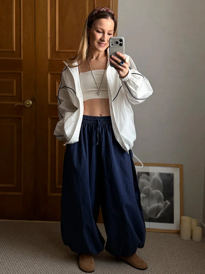 Summer Cotton Oversized Pants For Women Blue Baggy Aladdin Trousers Elastic Bloomers Navy Blue Cropped Lantern Harem Pants Woman