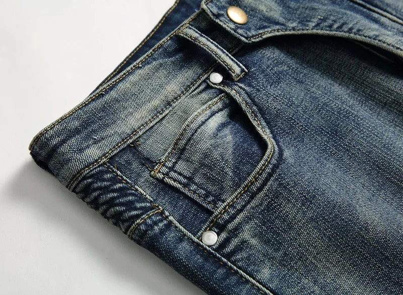 2026 New Men's Yellow Jeans, Blue Stretch Biker Trousers, Broken Hole Jeans, Fashion Popular Men Denim Pants Big Size 29-42