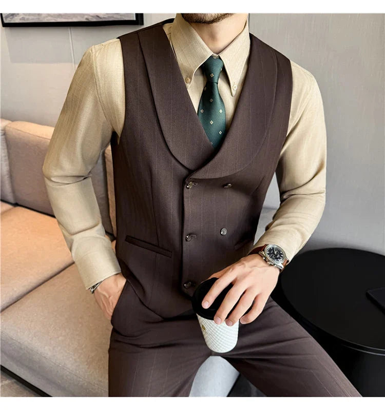 ( Vest+Pants) Autumn Winter Thicken Wool Striped Suit Vest 2 pieces Men Fashion Slim Fit Business Casual Wedding Dress Vest Sets