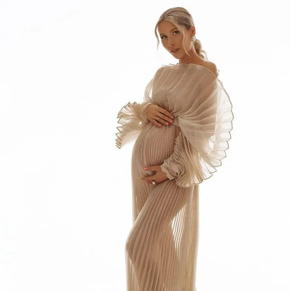 2026 Fashion Sheer Pleated Organza Maternity Dresses for Photoshoot Long Dress for Maternity Shoot Baby Shower Dresses YEWEN