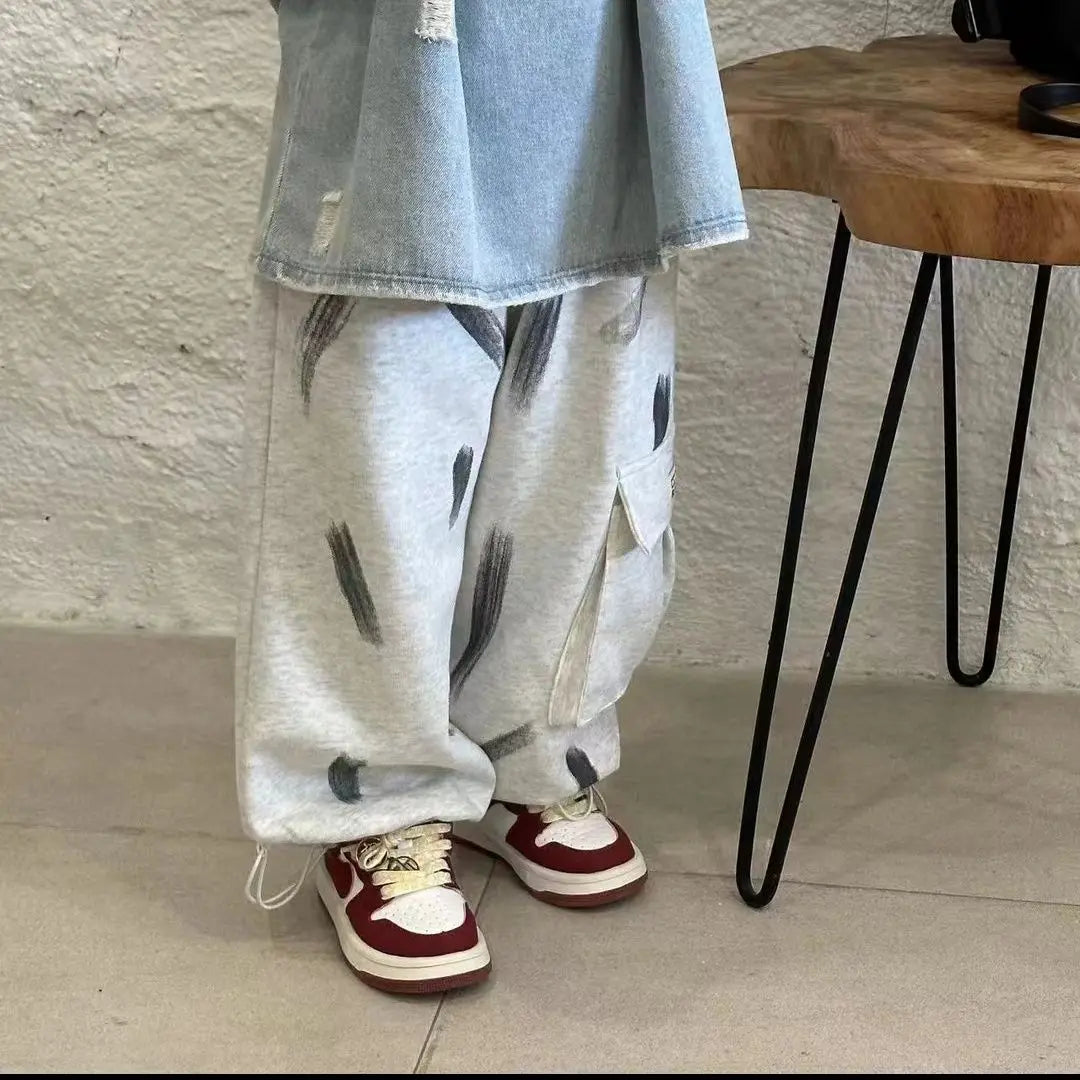 Spring Summer Children's Korean Denim Hole Short Sleeved Top and Beige Knitted Loose Casual Sports Pants Two-piece Set Outfits