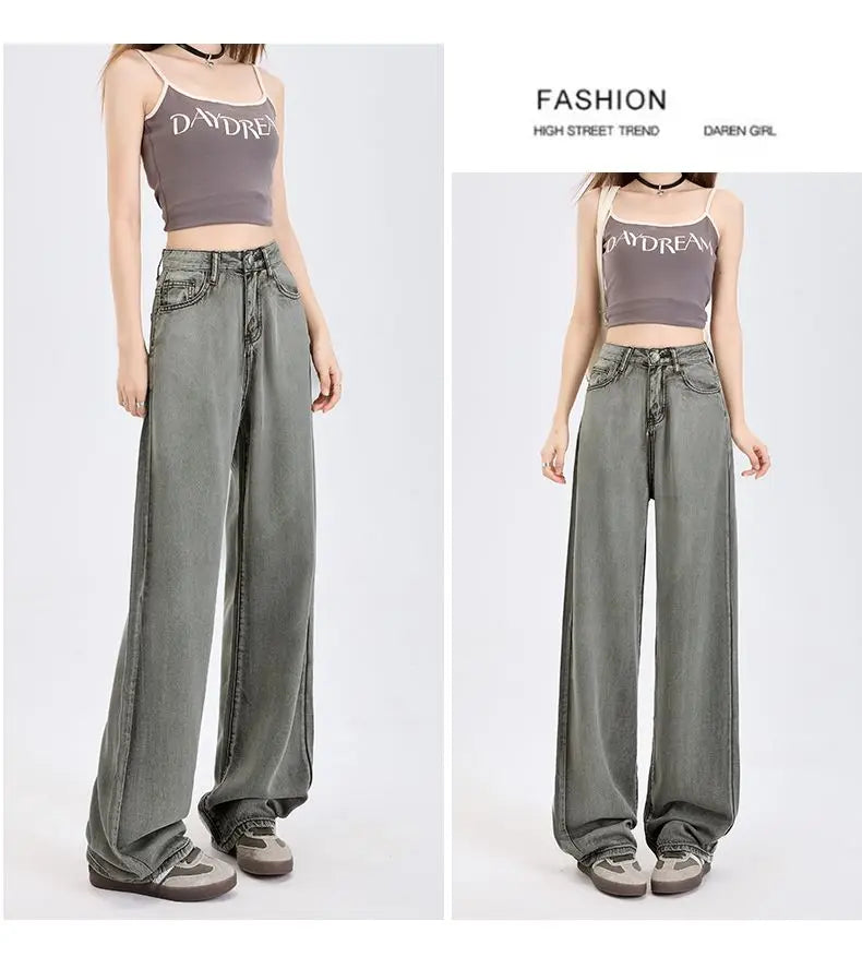 Woman Jeans 100% Lyocell Breathable Denim Wide Leg Towel Sweep drape loose 2025 Summer ice silk Baggy Famale Denim Pants 5 Color
