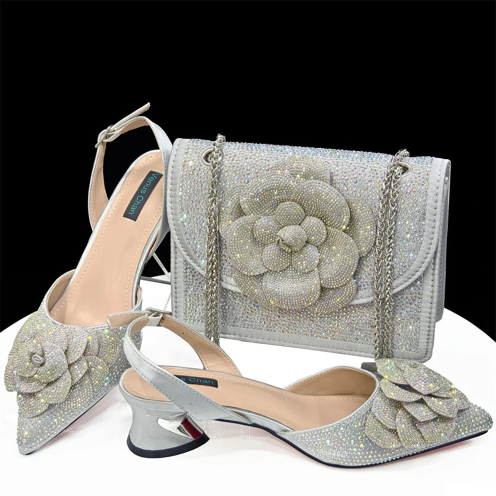 Fashion Ladies Evening Shoes And Bags Paired With Handmade Petal Wine Color Pointed Toe Mid-Heel Nigerian Women Party Shoes