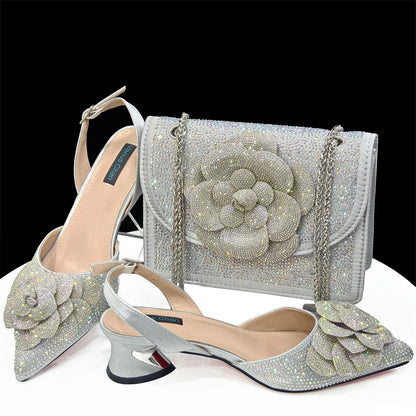 Fashion Ladies Evening Shoes And Bags Paired With Handmade Petal Wine Color Pointed Toe Mid-Heel Nigerian Women Party Shoes