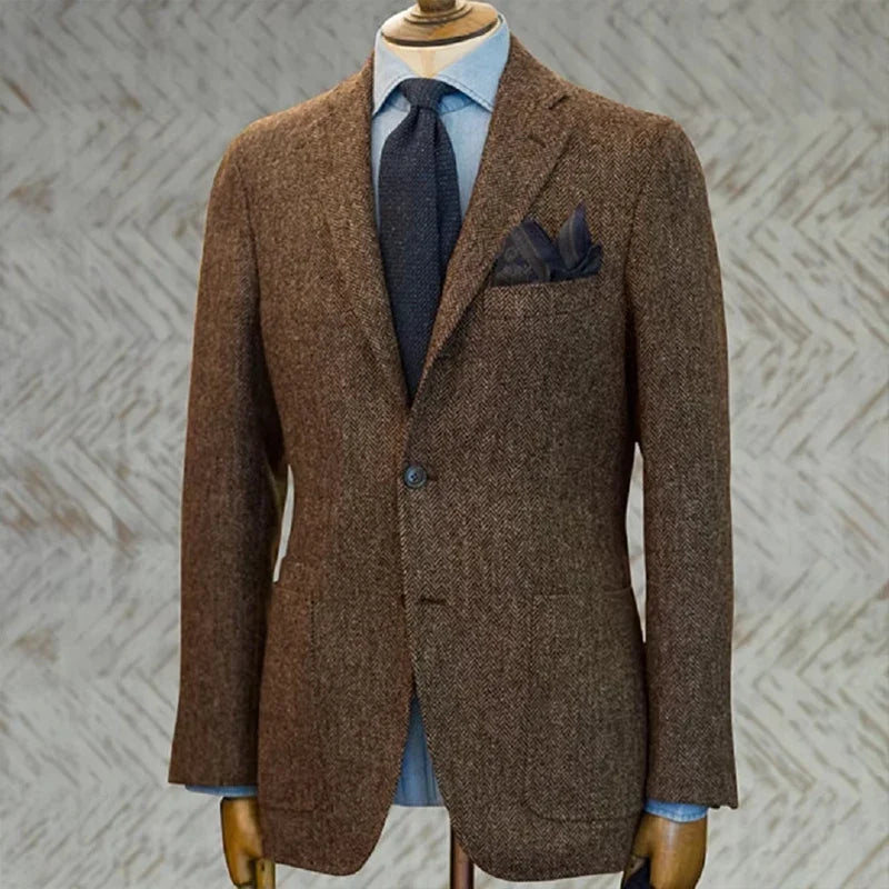 Men's Suit Herringbone Blazer Prom Tuxedos Wool Tweed Single Breasted Formal Bussiness/Wedding Jacket（Only Coat）