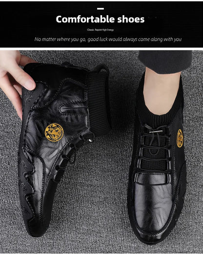 Men's Wear-resistant Boots Casual Classic Genuine Leather Handmade Shoes Ankle Round Toe Lace Up Walking Business Boot
