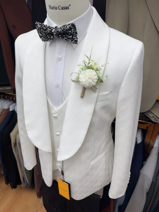 White Fully Jacquard Suit Set 3 Pieces For Men Wedding Groom Sets Handsome Elegant Shawl Lapel Men's Suits Party Tuxedo S-3XL