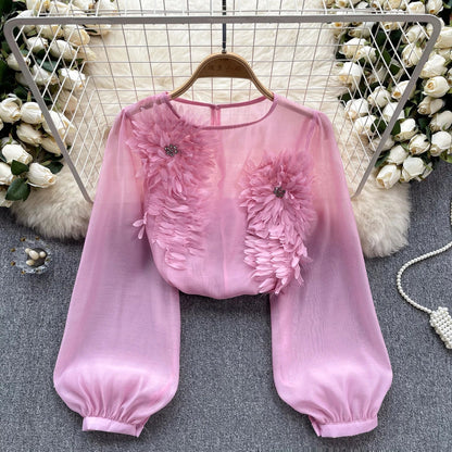 Spring Loose Satin Blouse Women O Neck Long Sleeves Sheer Bohemian Top 2024 Transparent 3D Floral Casual Shirt