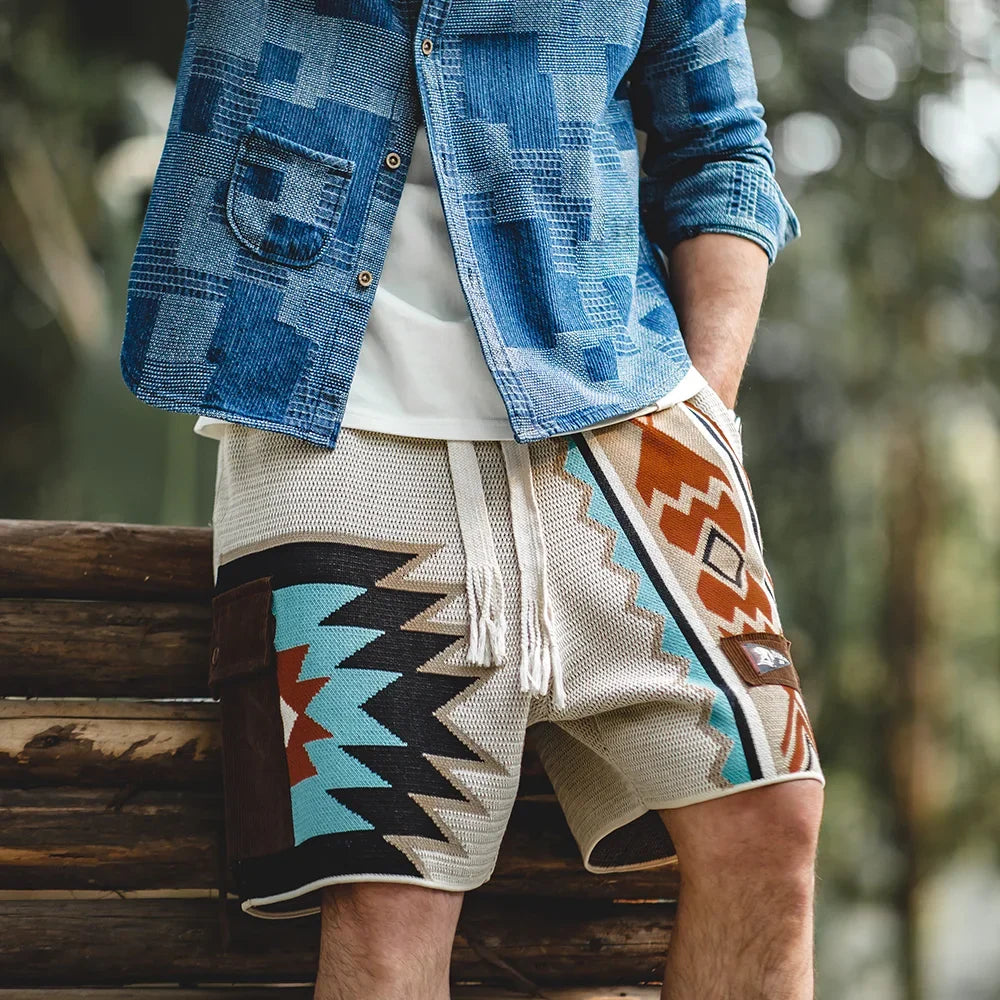Navajo Totem Knitted Shorts Men's  Elastic Waist Casual Shorts with Corduroy Pocket Summer Beach Breathable Short Pants