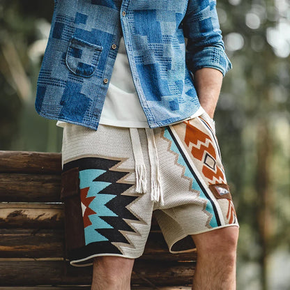 Navajo Totem Knitted Shorts Men's  Elastic Waist Casual Shorts with Corduroy Pocket Summer Beach Breathable Short Pants