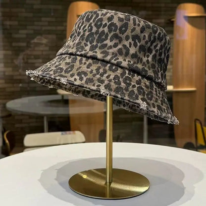 Leopard Print Bucket Hats Women Retro Hole Washed Border Men's Fisherman Hats Seasonal Outdoor Travel Basin Caps Sun Hats