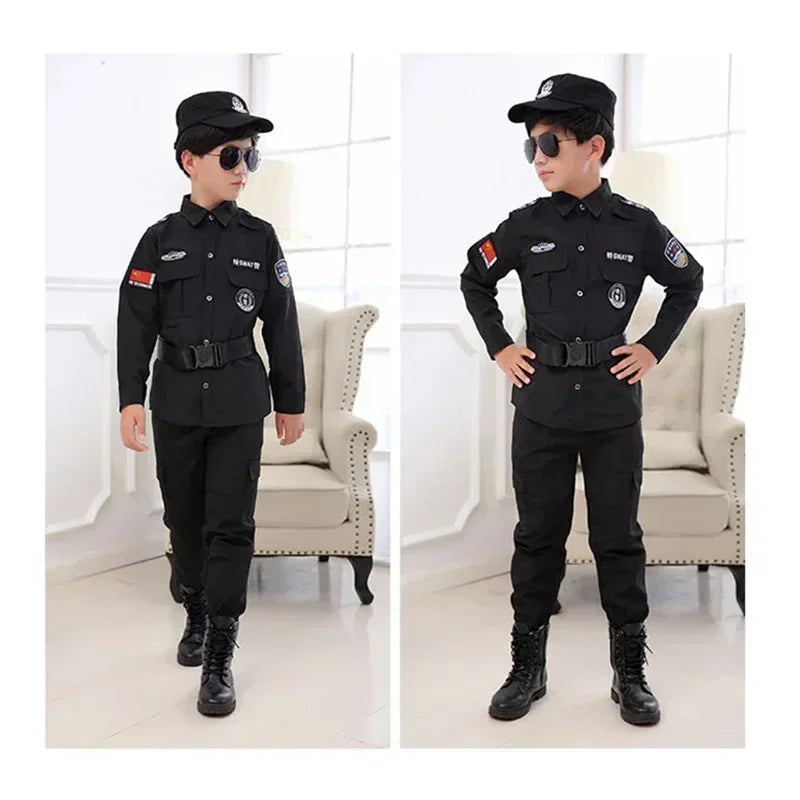 Nieuwe Cosplay Kids Politie Kostuums Kids Kerstfeest Carnaval Uniform Politie Halloween Jongens Leger Politie Kleding Cadeau Set