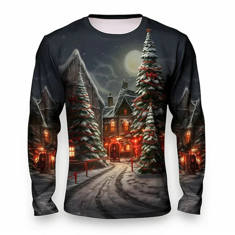New Fun Christmas Long Sleeve T-Shirt Santa Claus Pattern Sweatshirt Men Role Play Pullover Boys Round Neck Polyester Sweatshirt