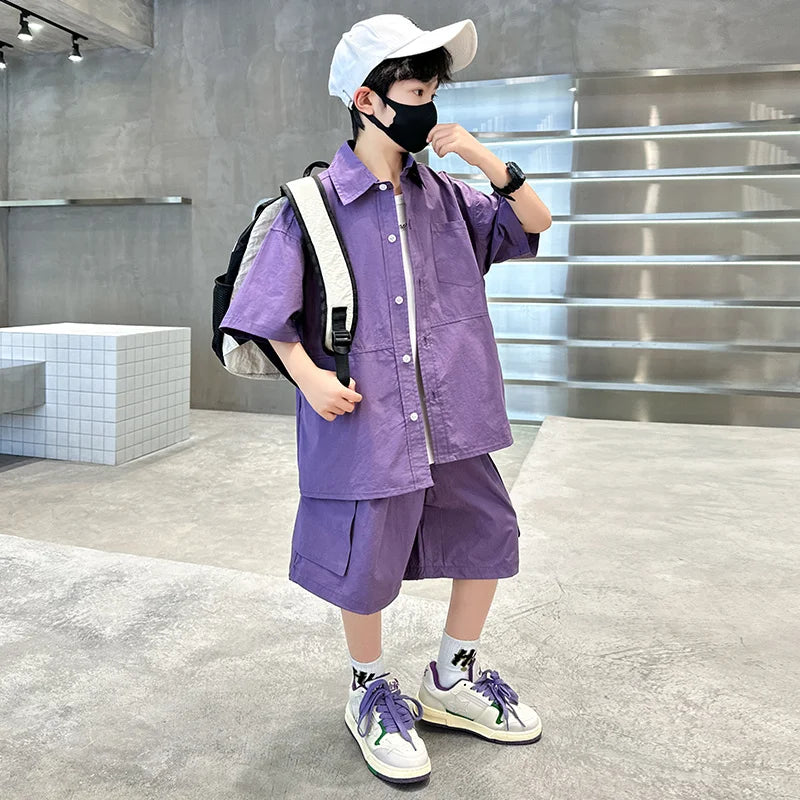 Kids New Summer Purple Suit for Boys Short Sleeve Shirt + Shorts 2 Pieces Clothes Set Children Loose Style Outfit Clothing Set