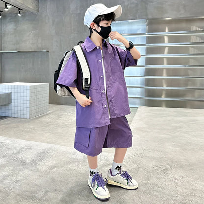 Kids New Summer Purple Suit for Boys Short Sleeve Shirt + Shorts 2 Pieces Clothes Set Children Loose Style Outfit Clothing Set
