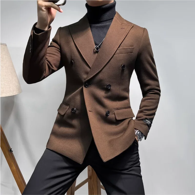 2025 Spring New Men's Waffle Double Breasted Suit Jacket High Quality Business Slim Fit Blazers Groom Social Party Dress Coats