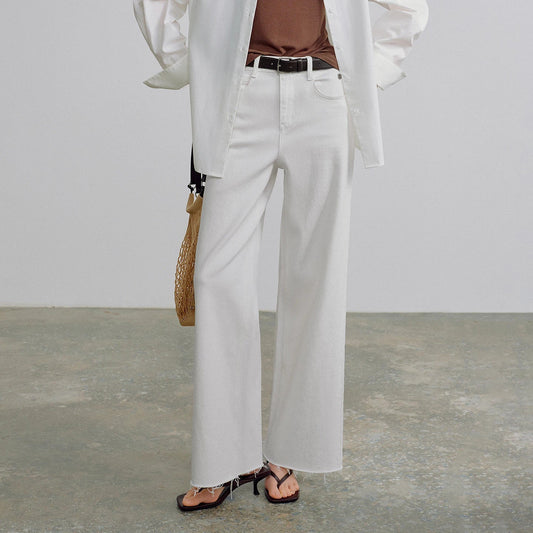 Women Jeans 2026 Spring New Black Label Lycra Stretchy White Frayed Cuff Loose Wide-Leg Pants