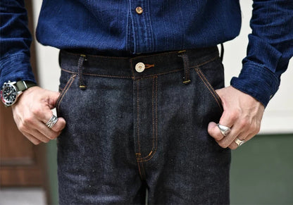 Mens Jeans Boxing Selvedge Denim Jeans Color Cotton Jeans for Men Silver Buttons Taper Fit  12.5 Oz