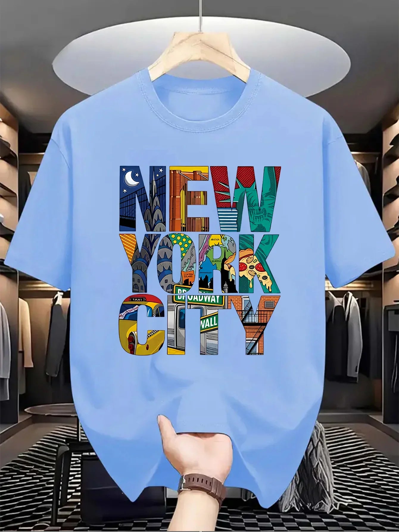 Summer men's 100% pure cotton casual loose fit plus size New York City printed comfortable round neck short sleeved T-shirt top