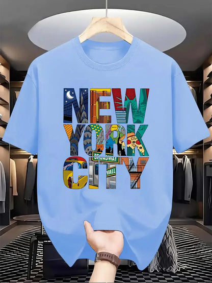 Summer men's 100% pure cotton casual loose fit plus size New York City printed comfortable round neck short sleeved T-shirt top