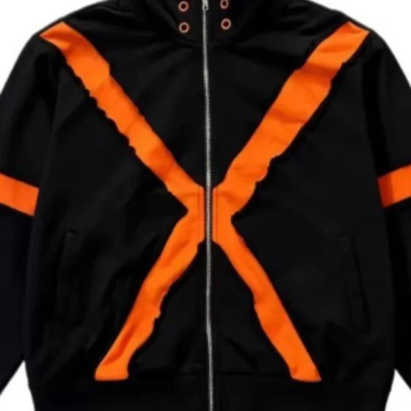 Mens Jacket Harajuku American Streetwear Color Block Patchwork Zip Up Long Sleeve Coat Loose Fit Casual Unisex Fashion Trend New