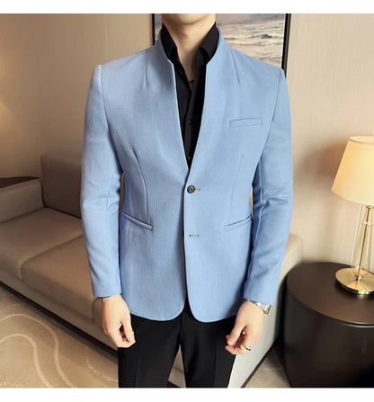 New Waffle Chinese Stand-Up Collar Blazers Men Slim Fit Business Casual Fashion Suits Jacket Formal Social Prom Party Tuxedos